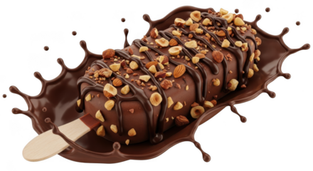Chocolate nut ice cream bar splash isolated on transparent background
