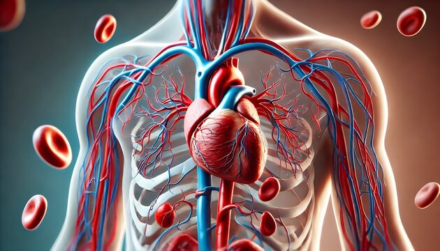 Heart and blood cells illustrate cardiovascular health and blood flow.