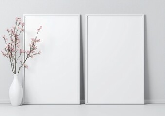 Minimalist Interior Design with Blank Frames and Flower Vase Display