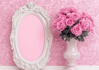 Elegant Pink Roses and Vintage Frame on Soft Pink Floral Background