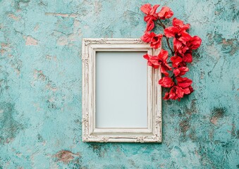 Vintage Frame with Pink Flowers on Turquoise Background Texture