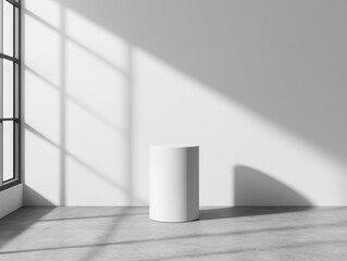 Minimalist White Cylinder on Gray Floor with Shadow Play in Room