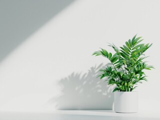 Bright Green Indoor Plant with Shadow on Minimalist Background