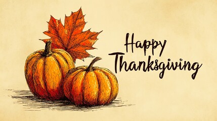 Vintage Thanksgiving illustration with pumpkins, maple leaf, hand - drawn style, fall harvest, autumn gratitude, festive decor, traditional holiday, pumpkin illustration, maple leaf art