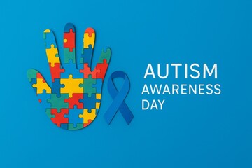 Autism Awareness Day puzzle concept featuring colorful hand and blue ribbon