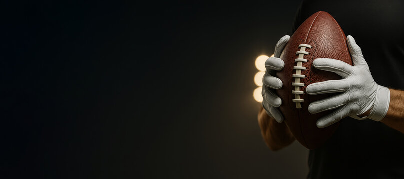 American football player holding ball with gloves against dark background