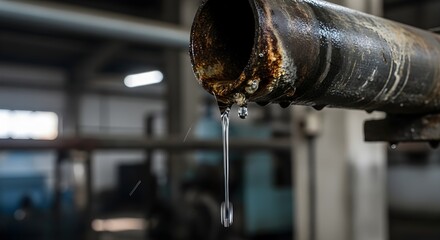 Rusty pipe leaking water in industrial setting, symbolizing urgent repair need.