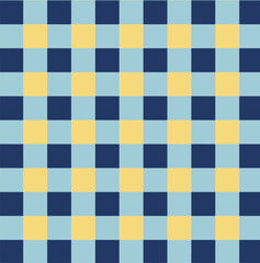 Seamless gingham pattern background in shades of navy blue, light blue, and pale yellow, creating a classic checkered textile design perfect for fabric or wallpaper