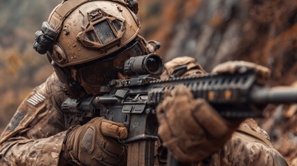 A soldier is aiming a modern rifle in a rugged, muddy terrain, showing focus and determination. The soldier's tactical gear and the dreary environment highlight the intensity of th