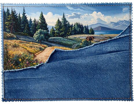 Scenic landscape artwork of a lake, mountains, and forest, overlaid with a denim texture, a creative visual - Powered by Adobe