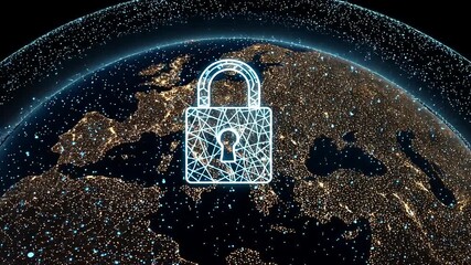 Digital security concept with a padlock symbol over a glowing Earth at night, representing global protection - Powered by Adobe
