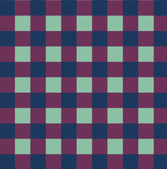 Dark and rich seamless checkered pattern in deep blue, maroon, and mint green, offering a sophisticated and moody textile background or wallpaper design