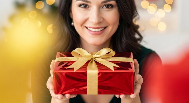 Happy woman offering a Christmas or Valentine’s Day gift with a red box and golden bow. Holiday season and celebration concept for advertising. - Powered by Adobe