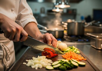 Chef preparing fresh vegetables with a knife on a wooden board in a restaurant kitchen, concept for culinary arts, food preparation and healthy eating