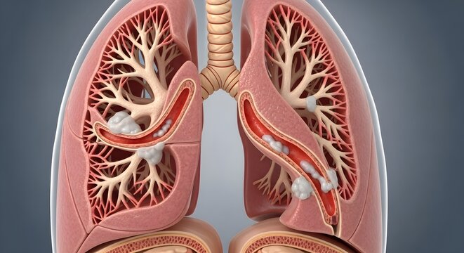 Illustration of lungs showing bronchial tubes and alveoli, highlighting lung health issues and diagnosis.