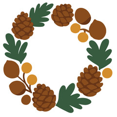 Minimalist Woodland Wreath with Leaves Cones and Acorns Vector Illustration