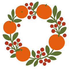 Minimalist Wreath with Leaves Berries and Mandarins Vector Illustration
