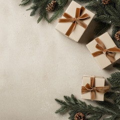 Minimalist Christmas Gifts with Velvet Ribbons and Pine Branches on Beige Stone