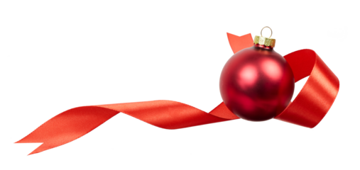 a ringle red christmas ball surrounded by red gift ribbon isolated on white or transparent png