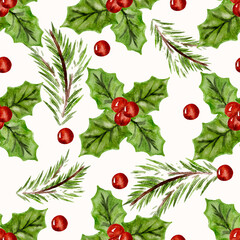 Watercolor pattern of holly berries and leaves and evergreen branches seamless pattern Christmas background.