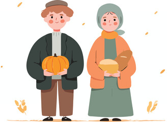 Charming flat vector illustration of a traditional harvest couple, reminiscent of pilgrims, holding a pumpkin and fresh bread, embodying autumn abundance and community