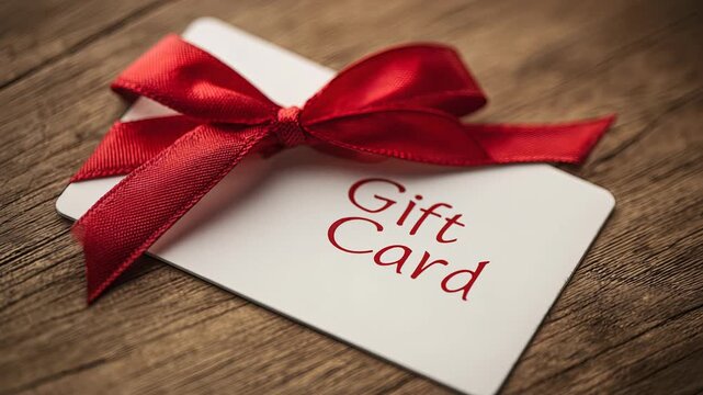 Gift Card with Red Satin Ribbon and Bow Placed on Wooden Surface