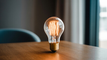 Vintage edison light bulb illuminated on wooden table