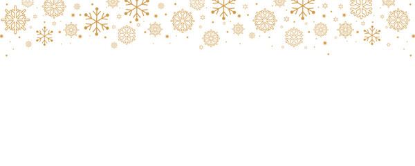 Elegant Christmas and winter vector border with falling golden snowflakes and small stars along the top edge of a plain white background. Horizontal design ideal for banners, headers, greeting card ba