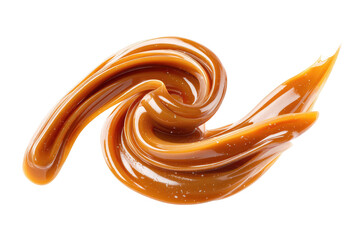 Swirling caramel, a rich, smooth, caramel sauce, in a dynamic, twirling pattern against a black background.  A close-up view emphasizes the texture and color