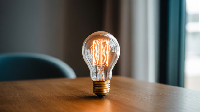 Vintage edison light bulb illuminated on wooden table