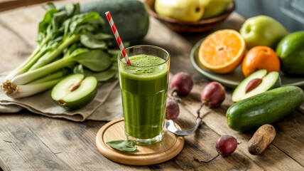 Fresh green smoothie surrounded by vibrant fruits and vegetables