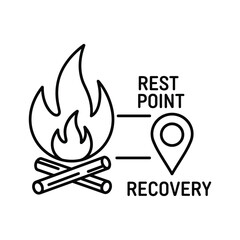 Campfire with logs, rest point and recovery text, and location pin icon for travel or gaming