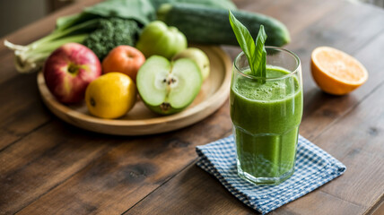 Fresh green juice with assorted fruits and vegetables