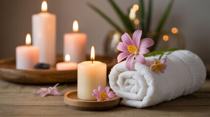 Relaxing spa scene with candles and rolled towel