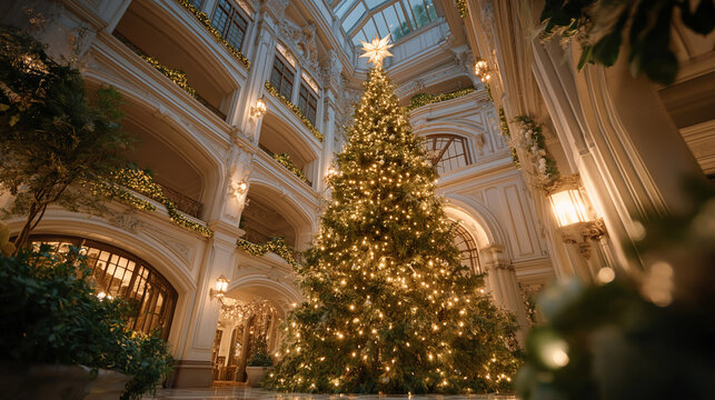 Christmas Tree in Festive Interior: A majestic Christmas tree, adorned with twinkling lights and a star, stands in an elegant, festive interior, exuding warmth and seasonal cheer.