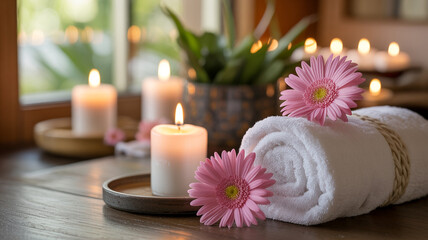 Relaxing spa scene with candles flowers and rolled towel