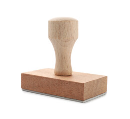 One wooden stamp isolated on white. Office tool