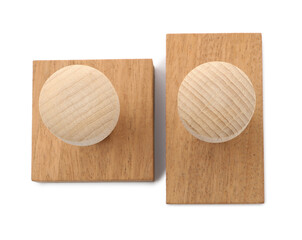 Wooden stamps isolated on white, top view