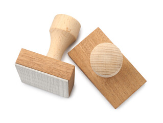 Wooden stamps isolated on white, top view
