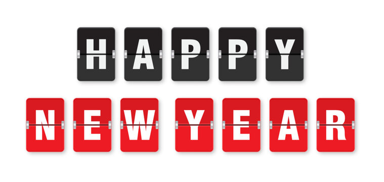 Happy New Year. Flip clock display showing New Year text on red and black panels. Split-flap countdown holiday greetings or winter celebrations. Vector illustration isolated on white backgroun.