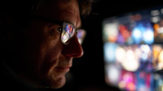 In a dimly lit room, a boy focuses intently on the glowing computer screen filled with colorful images. The boy's attention is fully captured by the vibrant visual display.