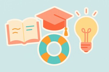 Educational symbols including a graduation cap, a light bulb, a lifebuoy, and an open book representing the fusion of knowledge, safety, and inspiration in the learning journey