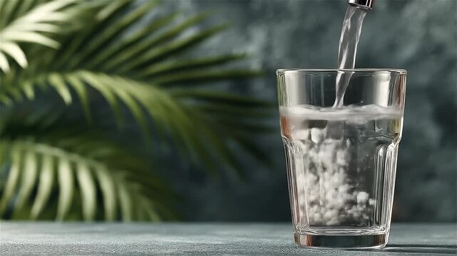 Crystal clear water fills a glass, surrounded by vibrant green leaves in a tranquil setting, capturing the essence of calm refreshment and nature's beauty on a quiet evening in June