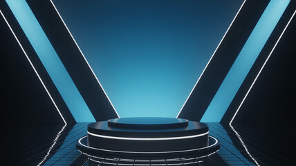 Futuristic stage with neon lights and spotlight