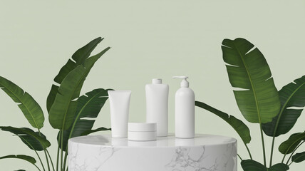 Natural skincare products displayed among lush green tropical leaves