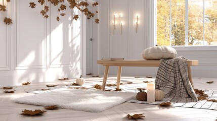 A wooden bench adorned with autumn leaves and pumpkins creates a cozy vibe for fall gatherings