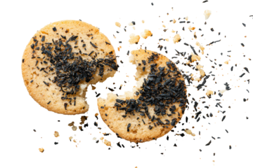 Two round cookies, halves, with dark sprinkles, on black background, with crumbs
