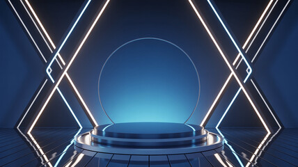Futuristic neon stage with geometric lighting and podium