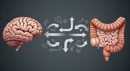 Brain-gut connection with arrows symbolizing mood regulation through probiotics.