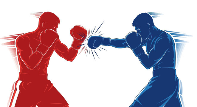Illustration of two boxers facing each other, one in red and the other in blue, ready to fight.